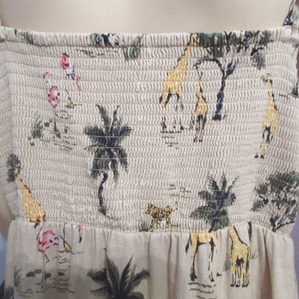 Old Navy Shirt Dress Size XXL Linen Blend Midi Smocked Sleeveless Safari Animals - Picture 5 of 9